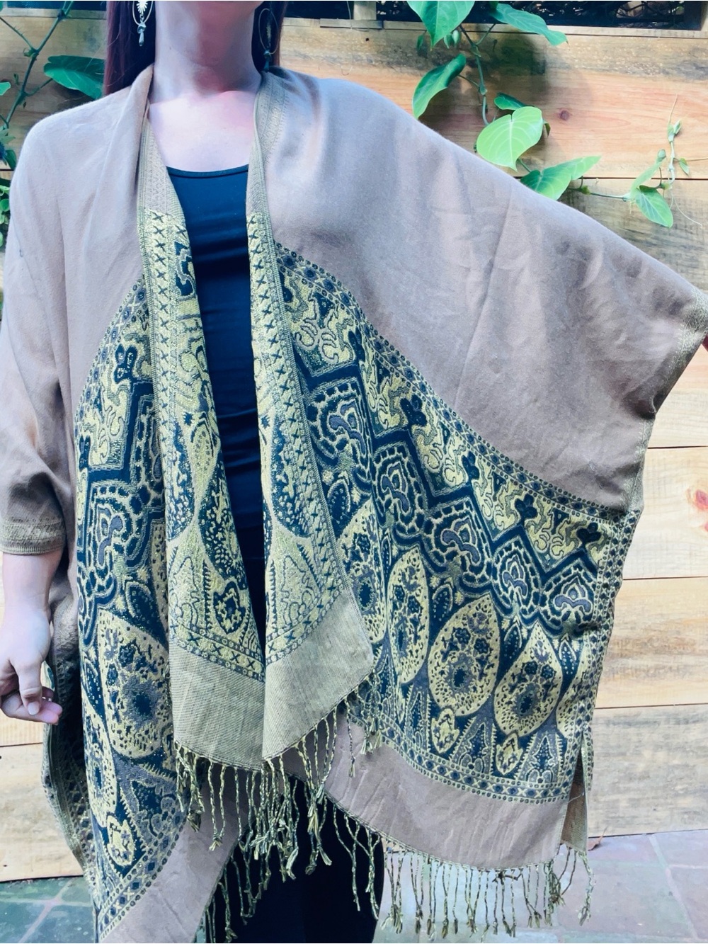 Guatemalan Boho Taupe and Olive Patterned Shawl Wrap